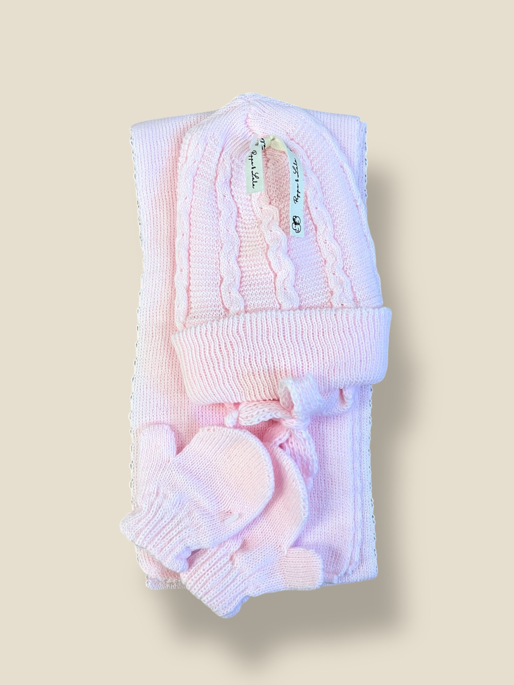 SET GORRO MANOPLITAS Y BUFANDA ROSA BEBÉ